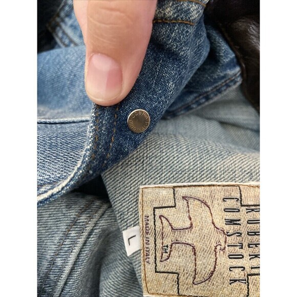 Robert Comstock Denim Jacket Mens Large Blue Leather Collar Made in Italy - Picture 12 of 15